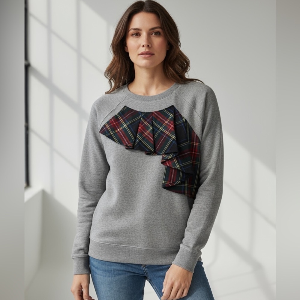 J. Crew Tartan Ruffle Plaid Gray Small Cotton Sweatshirt